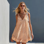 Orange White Vertical Stripe Spaghetti Strap Ruffle Hem Mini Dress