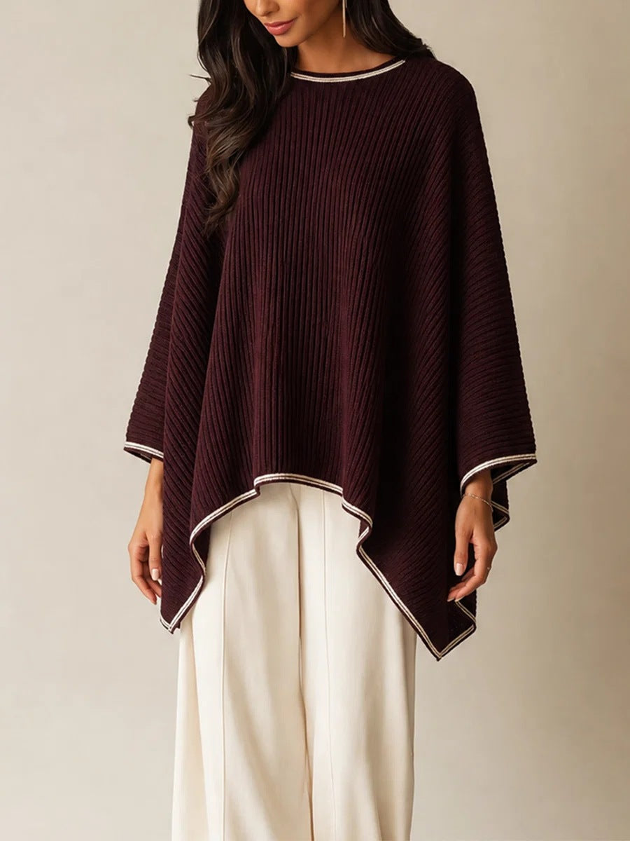 Contrast Trim Ribbed Knit Poncho Top