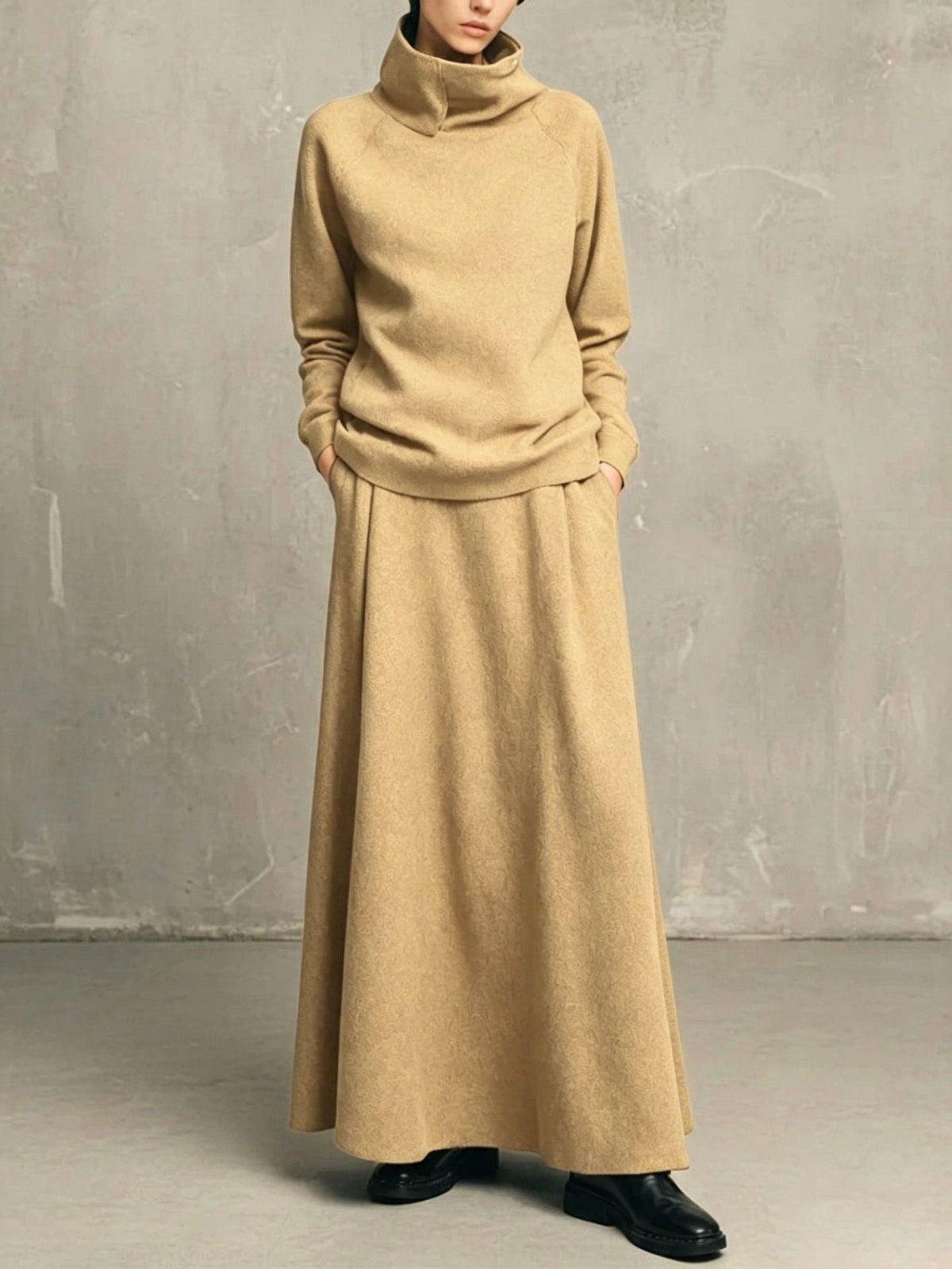 Elegant Neutral Knit Co-ord Set Funnel Neck Sweater Pleated Long Skirt