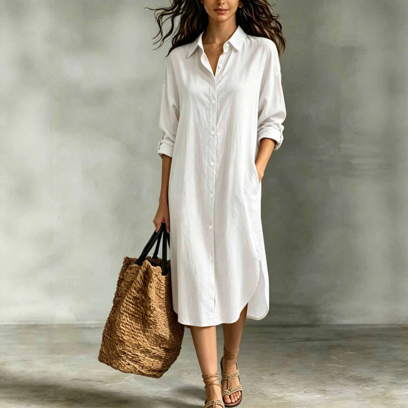 Oversized Linen?Blend Shirt Midi Dress