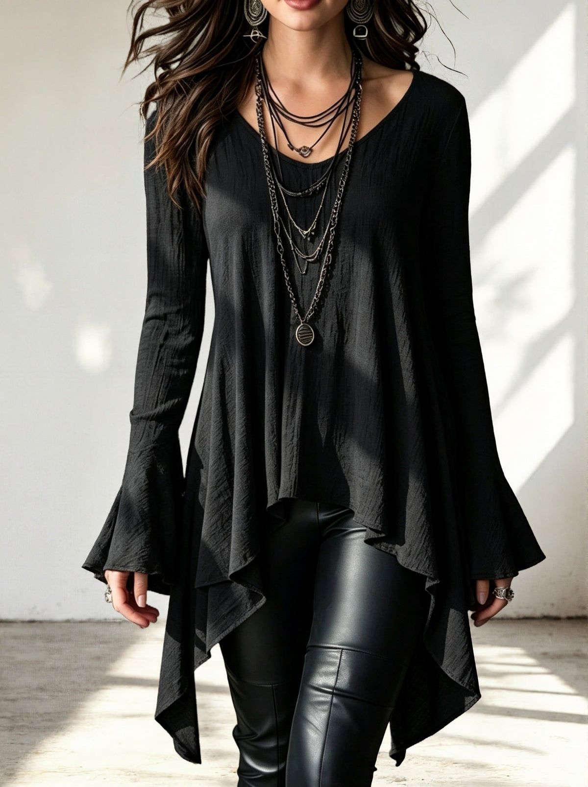 V-Neck Flare Long Sleeve Irregular Hem Tunic Top