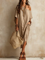 Slanted Shoulder Cotton And Linen Dress Women'S Loose Bat Sleeves Mid-Length Slit Holiday Dress