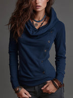Women Cowl Neck Hooded Sweatshirt Asymmetric Button Long Sleeve Slim Fit Hoodie