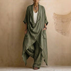 Casual Bohemian Style Suit Consists Of Two Pieces, A Long Linen Cotton Top And Trousers