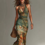 Boho Floral Halter Mesh Maxi Dress