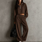 Half?Zip Cropped Sweatshirt & Wide?Leg Sweatpants Two?Piece Set