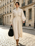Women's Solid Beige Stand Collar Pocket Elastic Waist Long Sleeve Shirt Midi Dress
