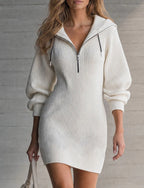 Ribbed Knit Hooded Half?Zip Long?Sleeve Bodycon Mini Dress