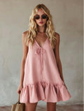 Mustard Tie Front Spaghetti Strap Linen Mini Dress
