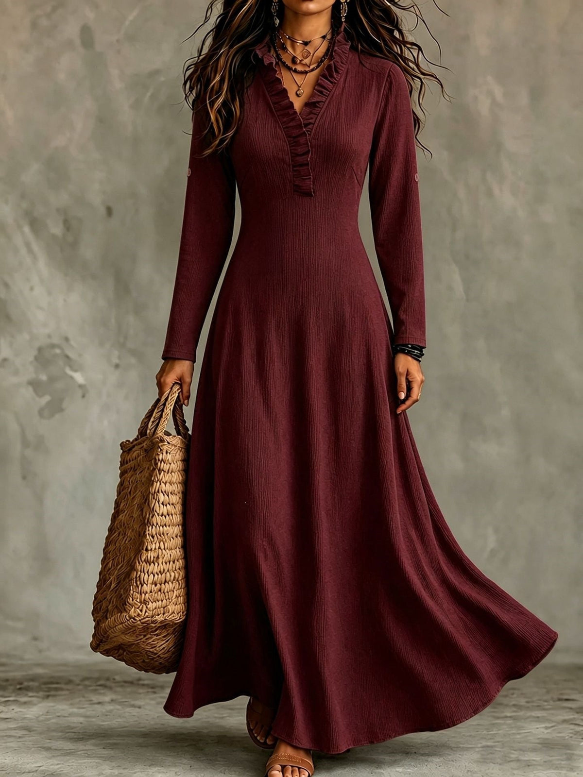Full Size V-Neck Maxi Dress with Roll-Up Sleeves Plus Size
