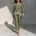 Geometric Print V?Neck Kimono Sleeve Top & Wide?Leg Pants Two?Piece Set