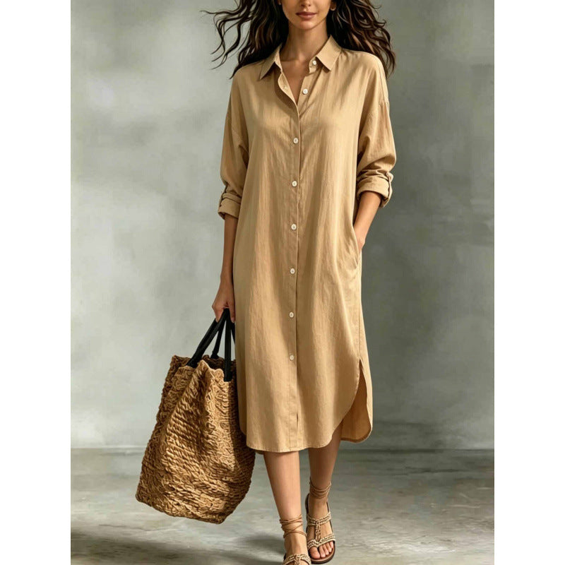 Oversized Linen?Blend Shirt Midi Dress