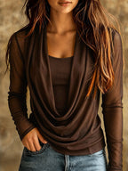 Women's Draped Cowl Neck Long Sleeve Mesh Blouse
