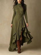 Mock Neck Wrap Dress with Asymmetric Ruffle Hem