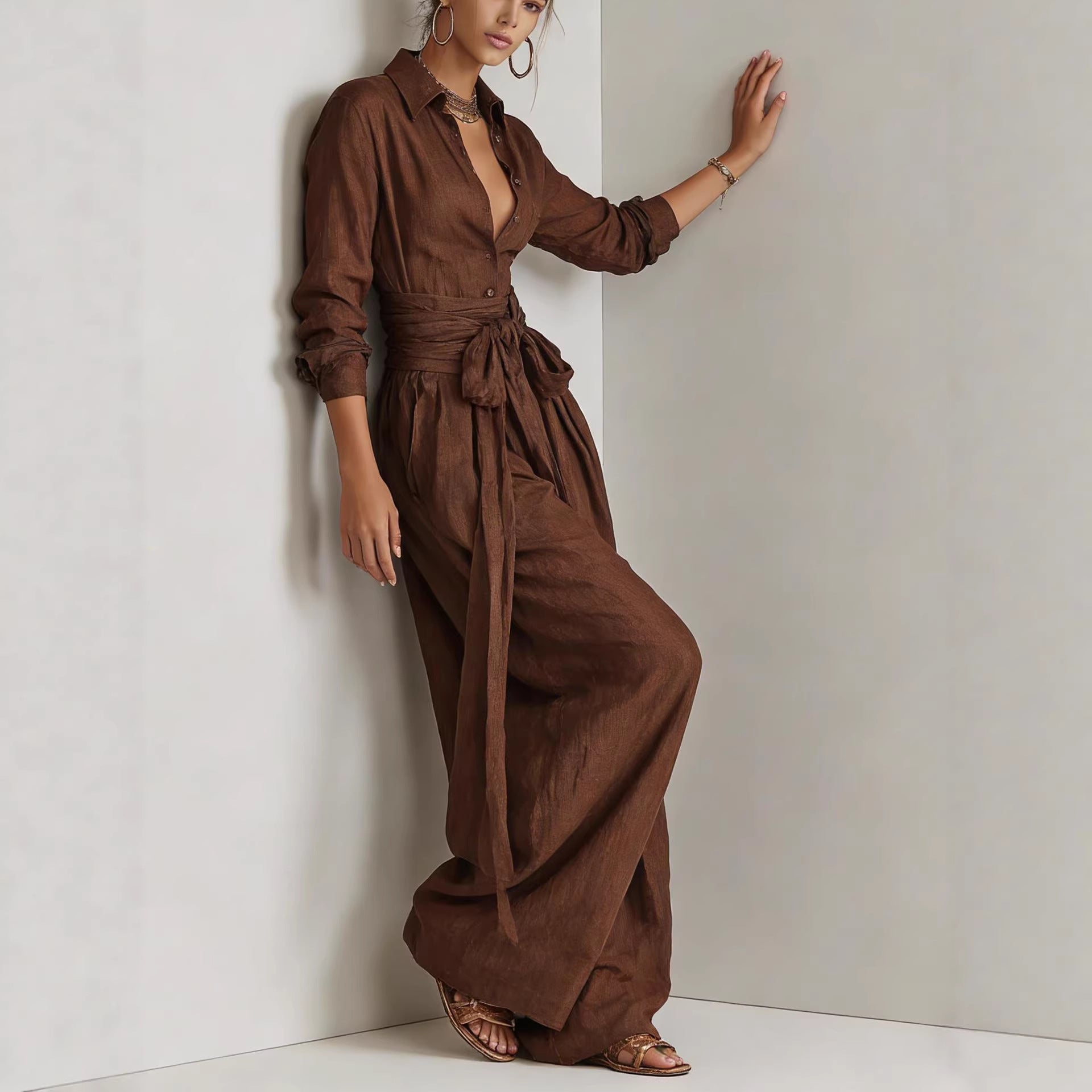 Women's Shirt‑Style Self‑Tie Belt Wide‑Leg Jumpsuit