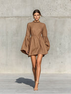 Ruffled High?Neck Bell?Sleeve Elastic Waist Mini Dress