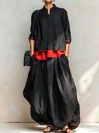 Women's Linen Two Piece Set Stand Collar Long Sleeve Top & Wide Leg Maxi Pants
