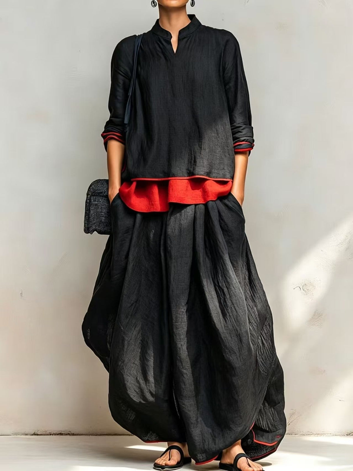 Women's Linen Two Piece Set Stand Collar Long Sleeve Top & Wide Leg Maxi Pants