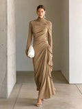 Turtleneck Ruched Side?Ruffle Long?Sleeve Maxi Dress - khaki / S