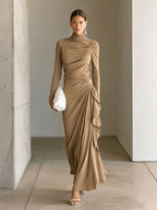 Turtleneck Ruched Side?Ruffle Long?Sleeve Maxi Dress - khaki / S