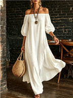 White Off‑Shoulder Balloon Sleeve Flowy Maxi Dress