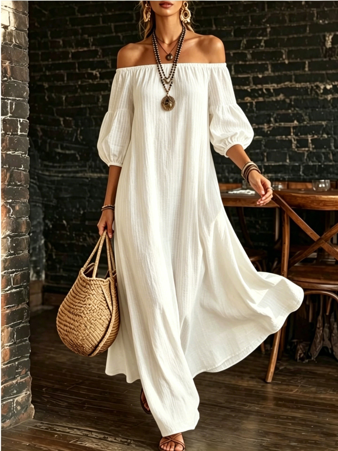 White Off‑Shoulder Balloon Sleeve Flowy Maxi Dress