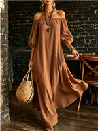 White Off‑Shoulder Balloon Sleeve Flowy Maxi Dress