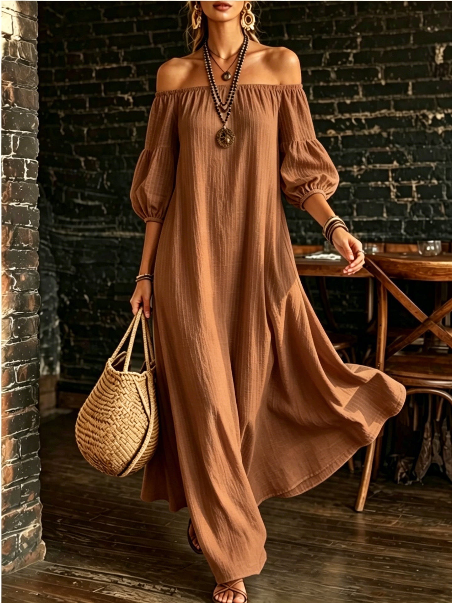 White Off‑Shoulder Balloon Sleeve Flowy Maxi Dress