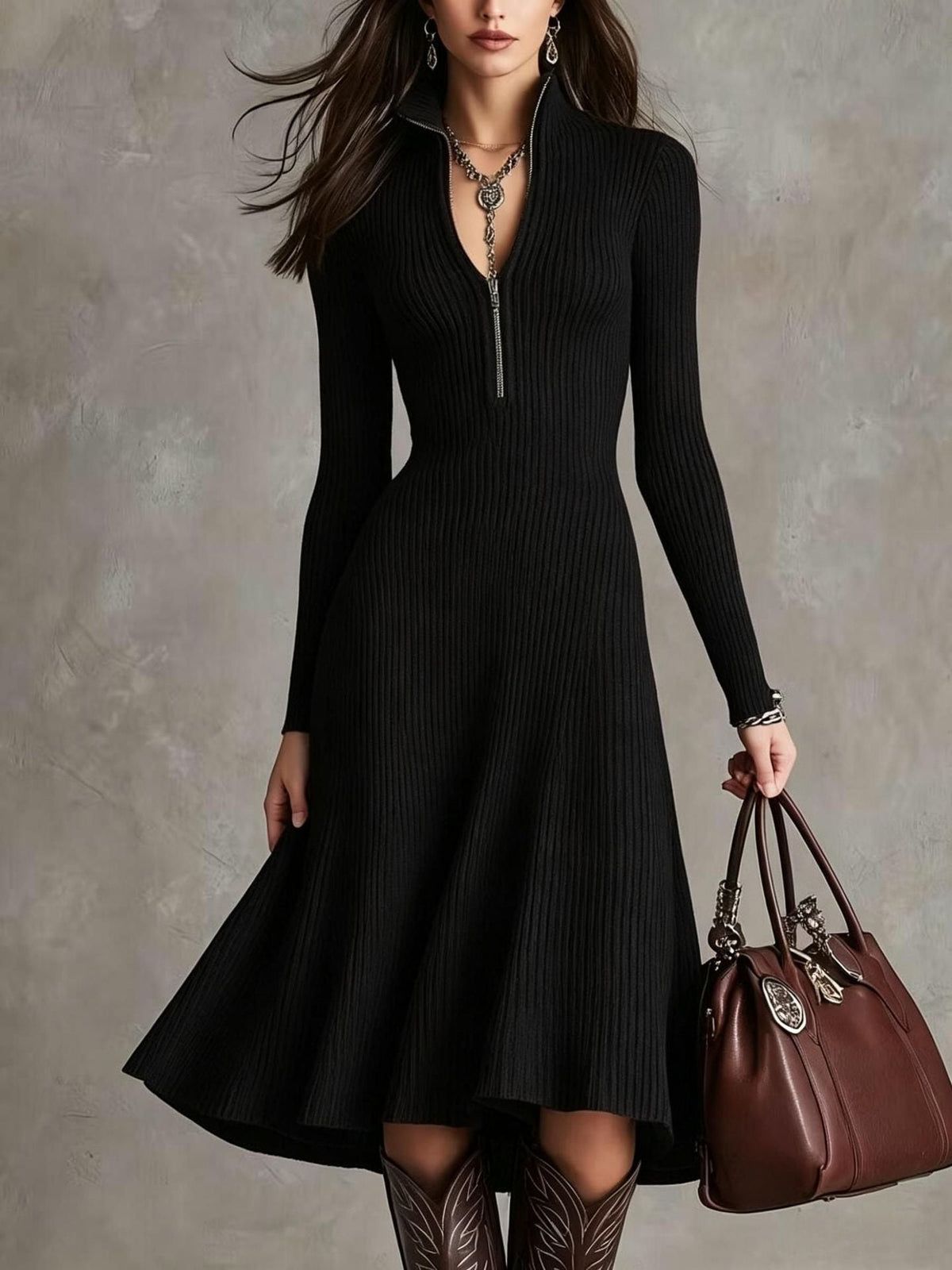Half?Zip Ribbed Knit Fit?and?Flare Midi Sweater Dress