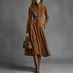 Women's Solid Brown Suede Zip?Front Belted Long?Sleeve Midi Dress