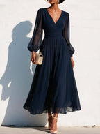 Pleated Chiffon Midi Dress with Balloon Sleeves