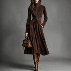 Women's Solid Brown Suede Zip?Front Belted Long?Sleeve Midi Dress