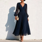 Pleated Chiffon Midi Dress with Balloon Sleeves