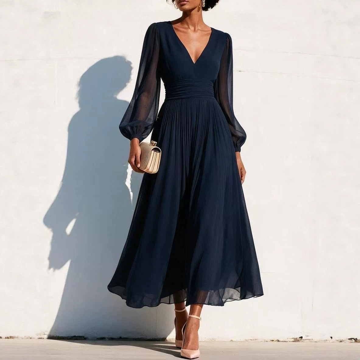 Pleated Chiffon Midi Dress with Balloon Sleeves