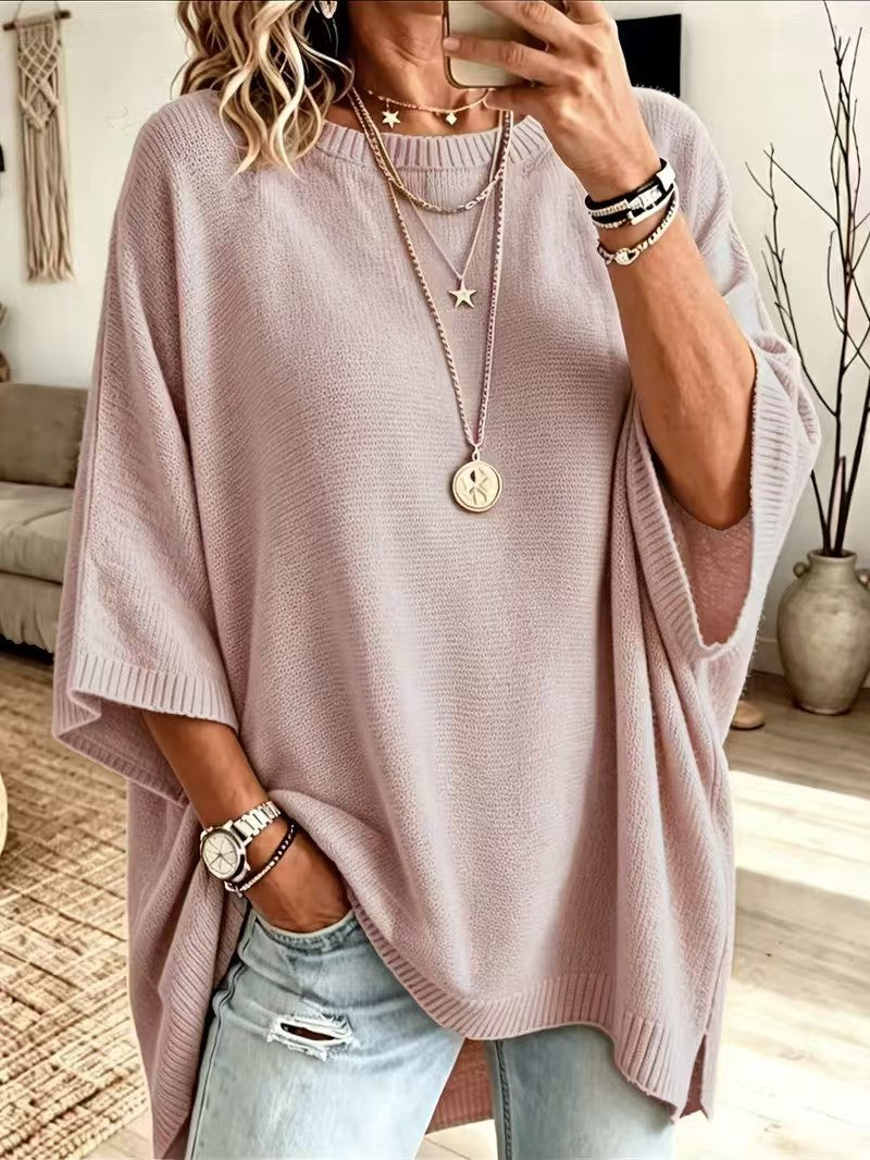 Women's Solid Brown Round Neck Batwing 3/4 Sleeve Loose Knit Tunic Sweater