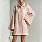 Collared Half Zip Bell Long Sleeve Linen Blend Mini Shirt Dress