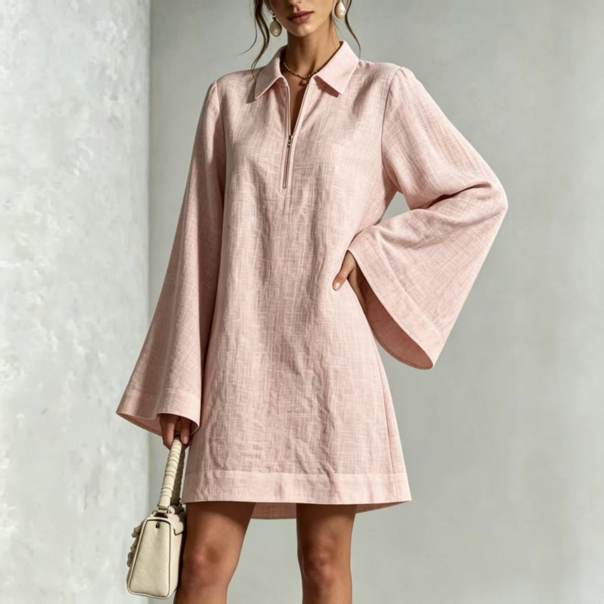 Collared Half Zip Bell Long Sleeve Linen Blend Mini Shirt Dress