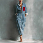 Women's Blue And White Cotton Blend Striped Shirt Dress With Red Chest Pocket