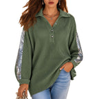Ribbed Knit Polo Top with Sequin Sleeves