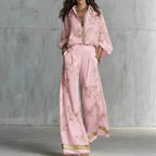 High Waist Wide Leg Pants Two Piece Set, Luxury Satin Elegant Vacation Matching Outfit