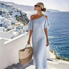One Shoulder Cold Shoulder Puff Sleeve Striped Maxi Dress