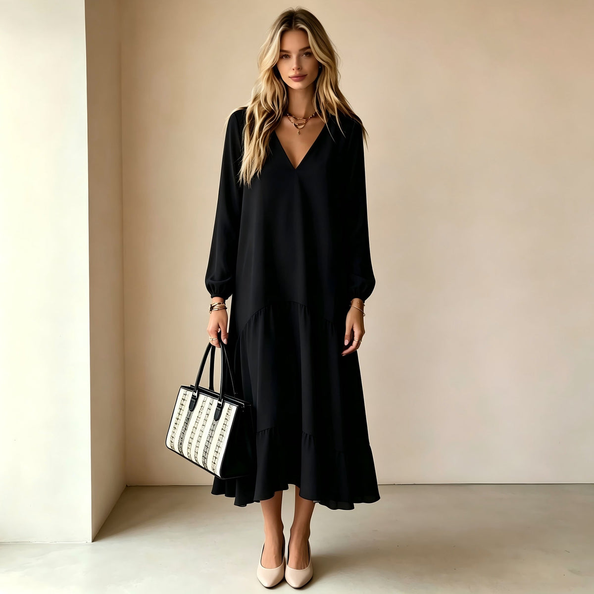 V?Neck Long?Sleeve Tiered Ruffle?Hem Midi Dress