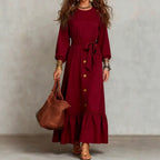 Button?Front Tie?Waist Tiered Ruffle Maxi Dress