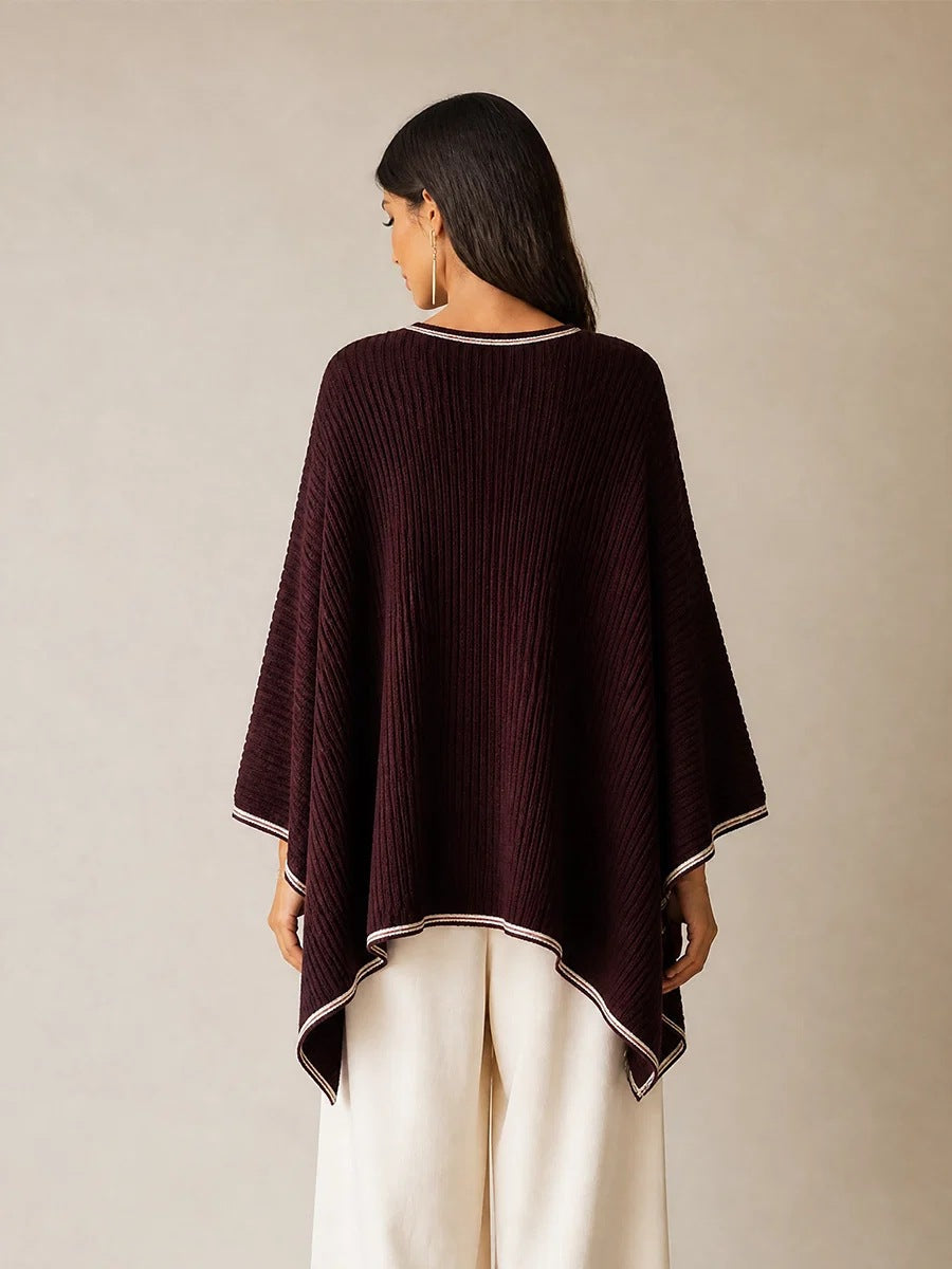 Contrast Trim Ribbed Knit Poncho Top