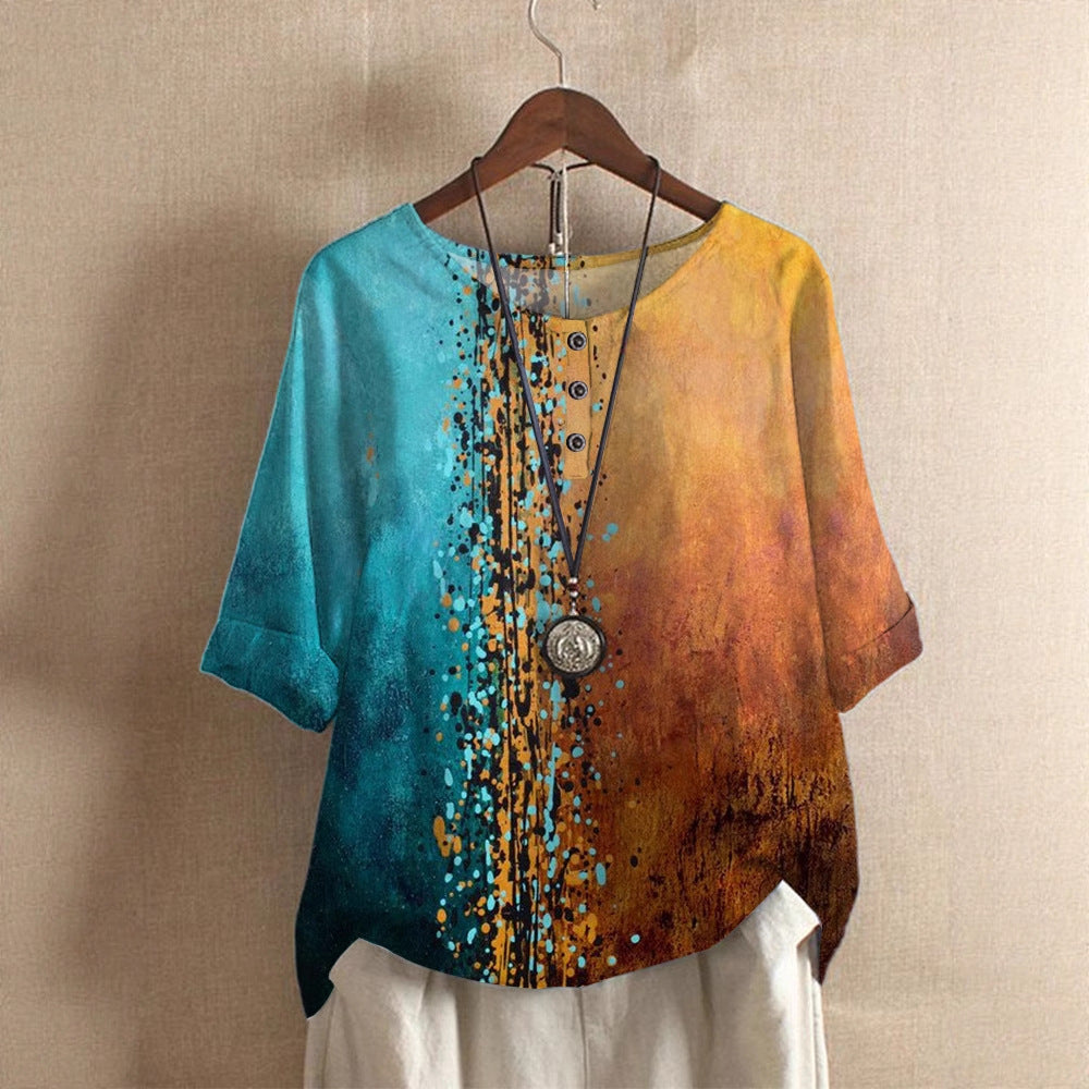 Floral Print Half‑Sleeve Crew Neck Blouse