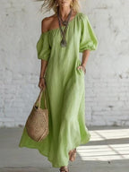 Effortless Off-Shoulder Linen-Blend Maxi Dress
