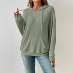 Ribbed Knit Drawstring Hoodie with Kangaroo Pocket