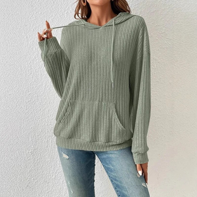 Ribbed Knit Drawstring Hoodie with Kangaroo Pocket