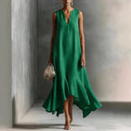 Sleeveless V-Neck Linen Midi Dress with Ruffled Hem