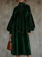 Velvet Midi Dress With Bow Detail And Lantern Sleeves - Green / XS(2) - Midi Dresses